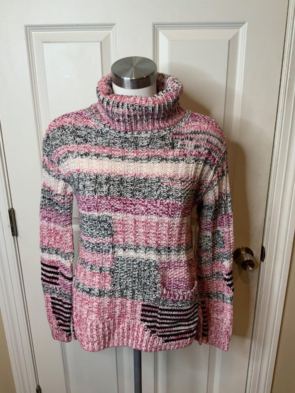 Sparrow Anthropologie Pink White Black Striped Turtleneck Sweater, Size S